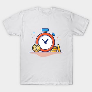 Stop watch and and stack of coin cartoon T-Shirt